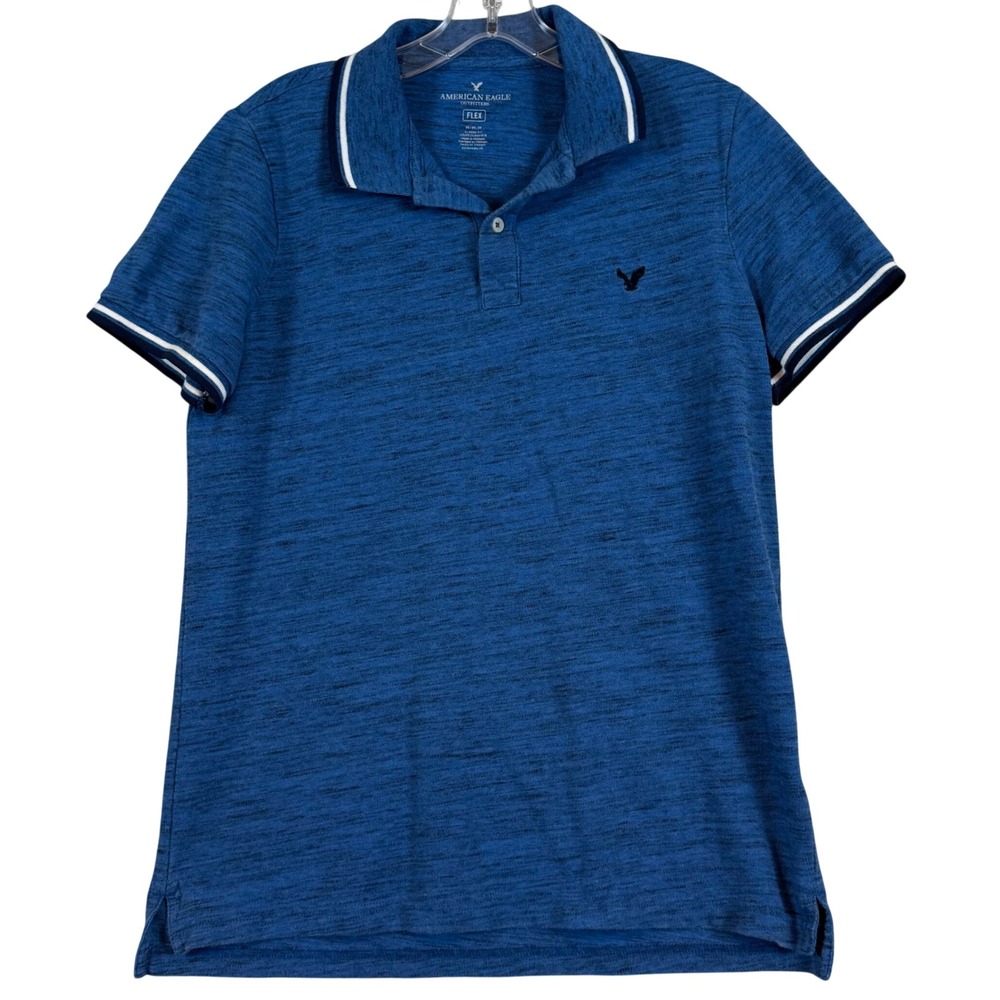 American Eagle Mens Flex‎ Polo Shirt Blue Space Dye Classic Fit Med. Tipped Prep